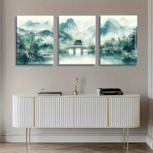 3pcs Serene Misty Mountain Bridge Lush Scene Wall Art Canvas Unframed – High Quality Print 100% Australian Made Wall Canvas