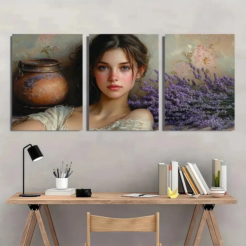 3pcs The Lavender Girl Fine Giclée Perfect Wall Art Set Canvas Framed 40x60cm - High Quality Print 100% Australian Made Wall Canvas Ready to Hang