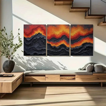 3pcs Abstract Geologic Flow in Red Black Yellow Metal Print Ready to Hang Art