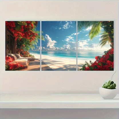 3pcs Palm Trees Ocean Views Red Flowers Metal Print Ready to Hang Art