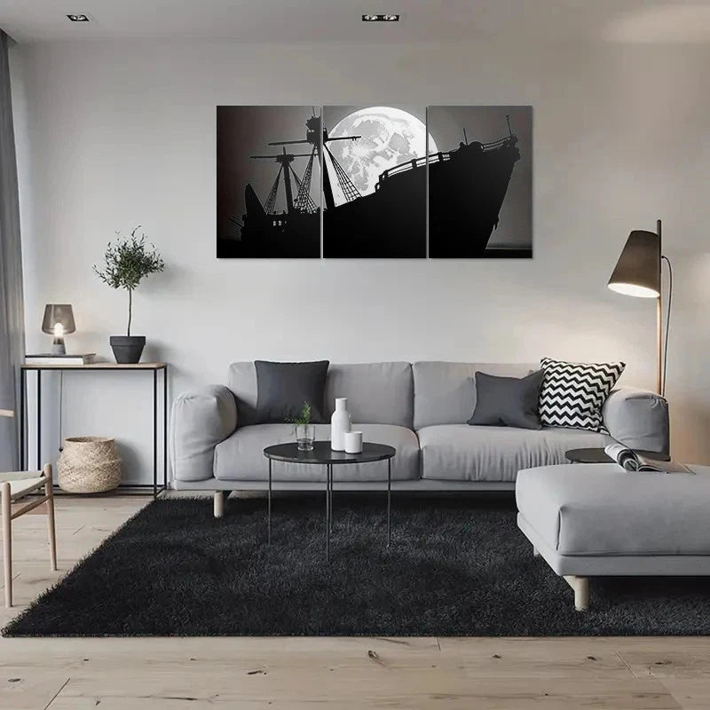 3pcs Black and White Ship Silhouette Full Moon Metal Print Ready to Hang Art
