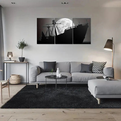 3pcs Black and White Ship Silhouette Full Moon Metal Print Ready to Hang Art