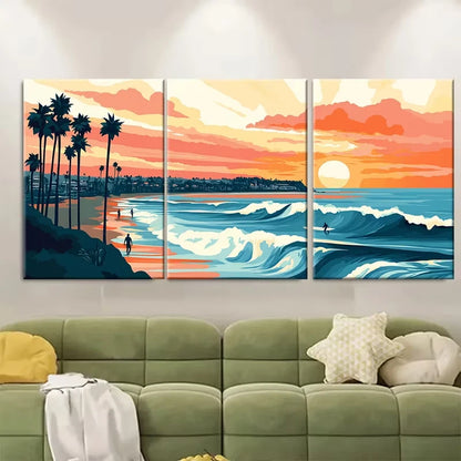 3pcs California Beach Scene with Palm Trees Metal Print Ready to Hang Art