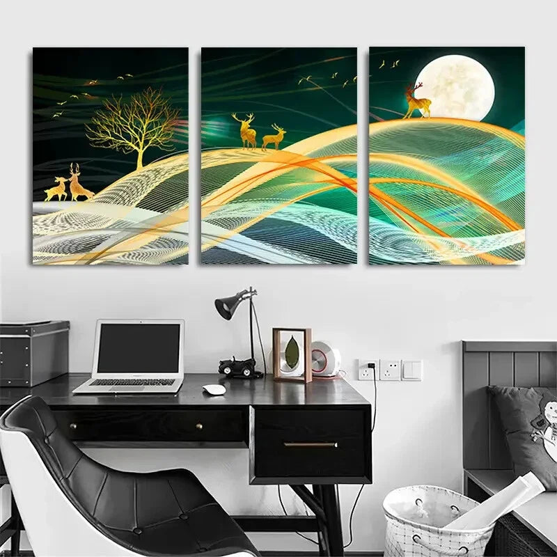 3pcs Moonlit Deer Night Golden Scene Metal Print Ready to Hang Art