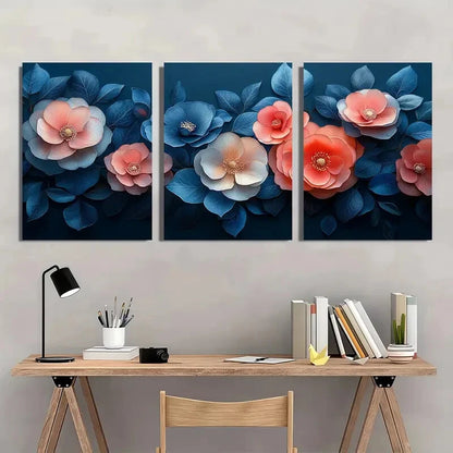 3pcs Vibrant Pink Blue & Orange Flowers Dark Blue Metal Print Ready to Hang Art