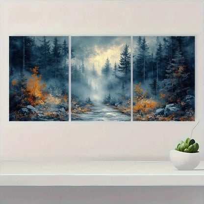 3pcs Misty Silvery Forest Modern Abstract Painting Metal Print Ready to Hang Art