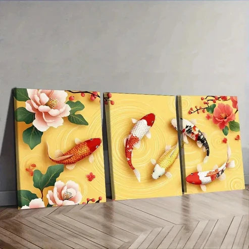 3pcs Koi Fishes in Floral Yellow Background Wall Art Set Canvas Unframed - High Quality Print 100% Australian Made Wall Canvas