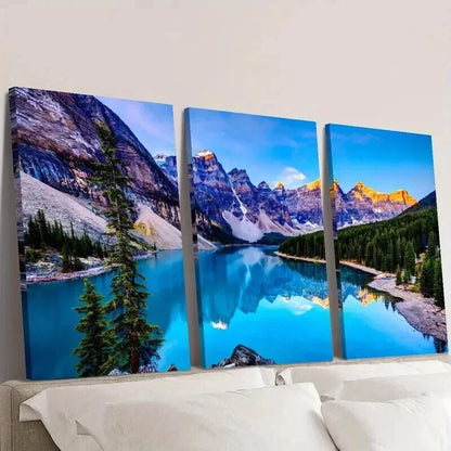 3pcs Mountains Blue Lake and Green Forest Wall Art Set Canvas Framed 40x60cm - High Quality Print 100% Australian Made Wall Canvas Ready to Hang