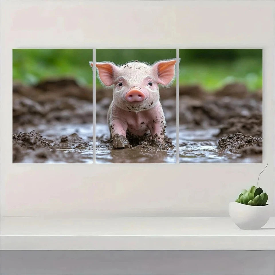 3pcs Adorable Piglet in Mud Funny Animal Metal Print Ready to Hang Art