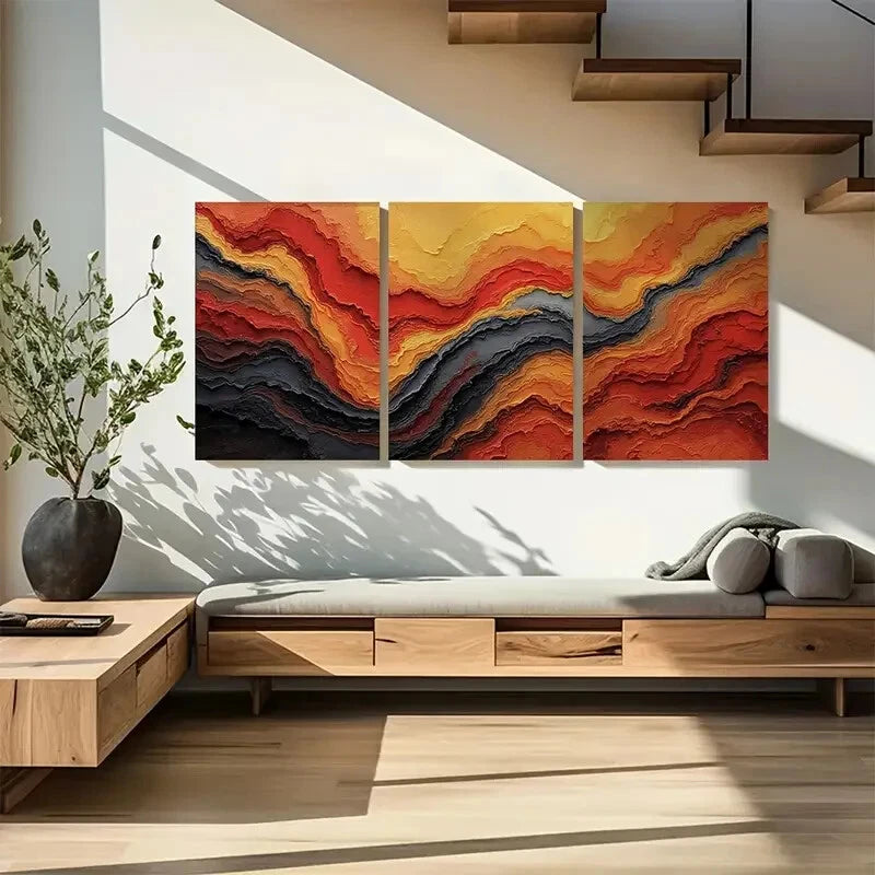 3pcs Vibrant Red Orange & Black Lava Flow Design Metal Print Ready to Hang Art