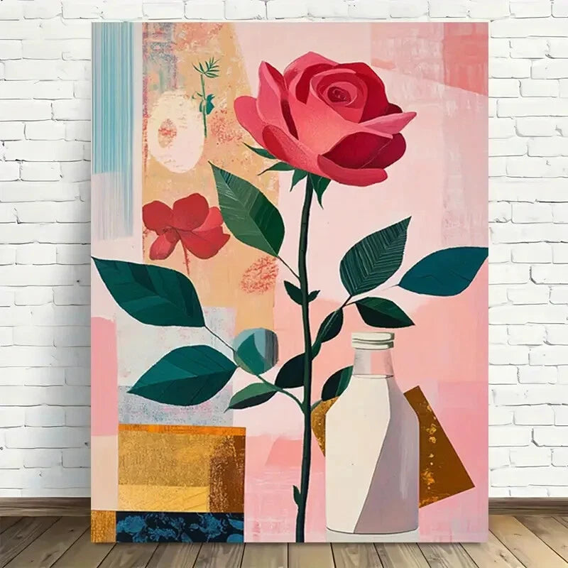 Beautiful Roses In Vase Vibrant Pink & Red Painting 40x60cm Metal Print Ready to Hang