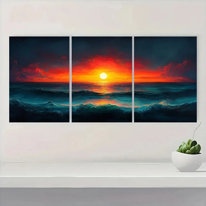 3pcs Boho Sunset Ocean Waves & Starry Sky Metal Print Ready to Hang Art