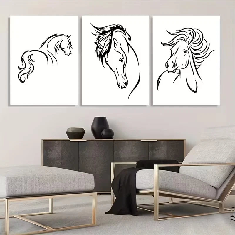 3pcs Black and White Horse Line Art  Wall Art Set Canvas Framed 60x90cm - High Quality Print 100% Australian Made Wall Canvas Ready to Hang