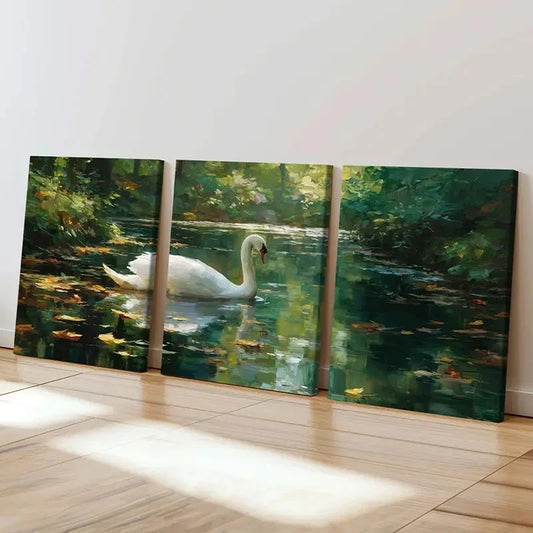 3pcs Swan Lake Scenery Forest Reflections   Wall Art Set Canvas Framed 60x90cm - High Quality Print 100% Australian Made Wall Canvas Ready to Hang