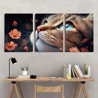 3pcs Vibrant Cat and Flower Blue Eyed Cat Metal Print Ready to Hang Art