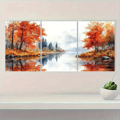 3pcs Autumn Forest Red Trees by Serene Lake Metal Print Ready to Hang Art