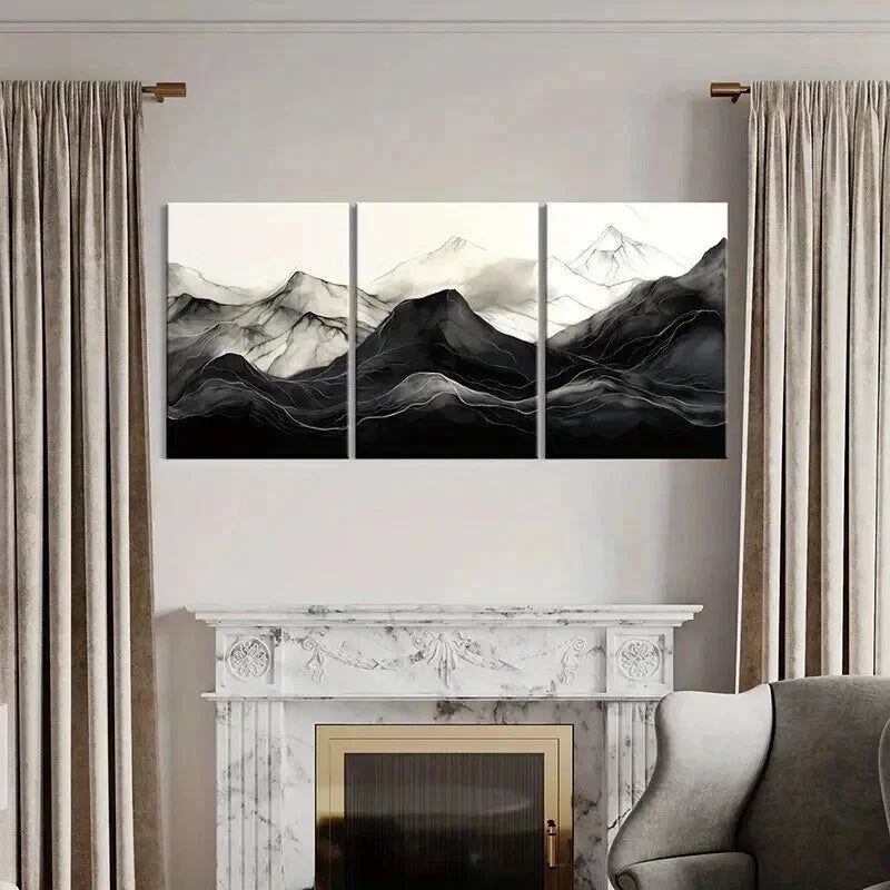 3pcs Zen Aesthetic Black & White Mountain Wall Art Set Canvas Framed 40x60cm - High Quality Print 100% Australian Made Wall Canvas Ready to Hang
