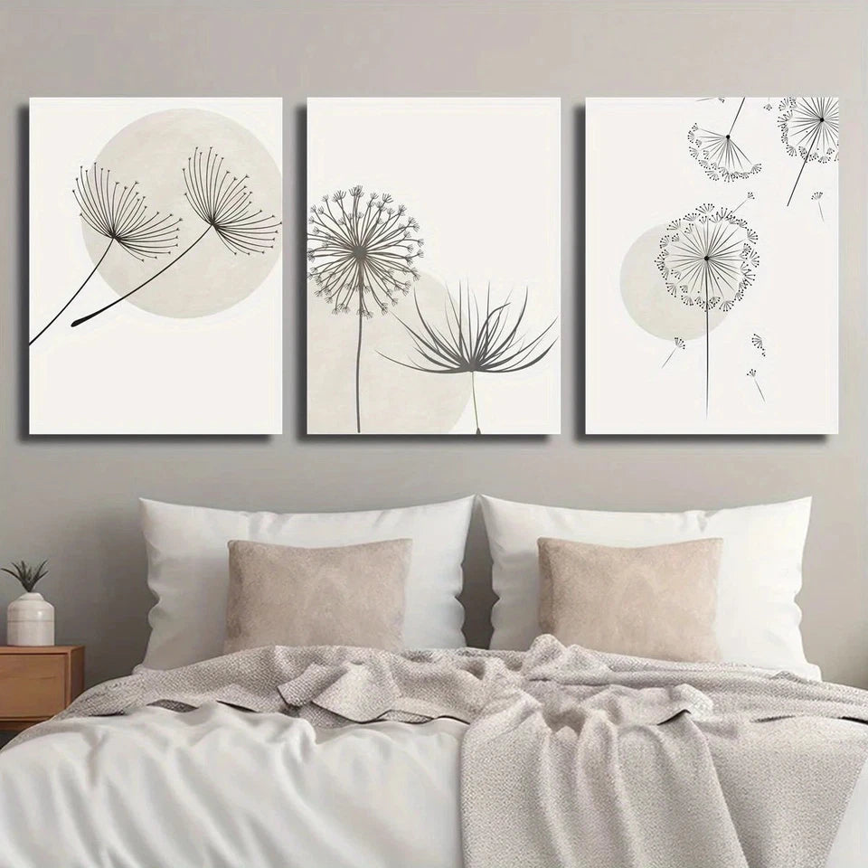 3pcs Dandelion Botanical Flower Black and White Metal Print Ready to Hang Art