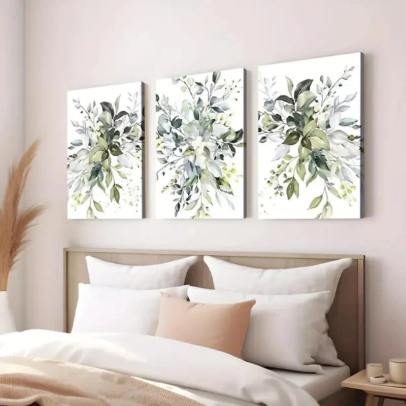 3pcs Elegant Floral Botanical Purple Green Blue Wall Art Set Canvas Framed 40x60cm - High Quality Print 100% Australian Made Wall Canvas Ready to Hang