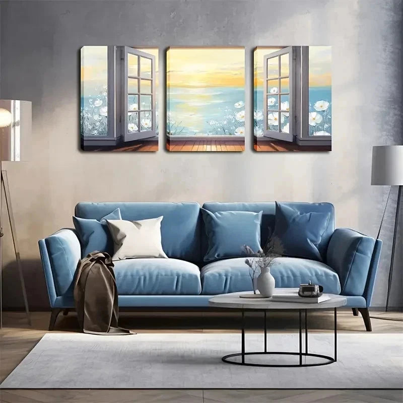 3pcs Sea, Blooming Flowers & Calming Wall Art Set Canvas Framed 40x60cm - High Quality Print 100% Australian Made Wall Canvas Ready to Hang