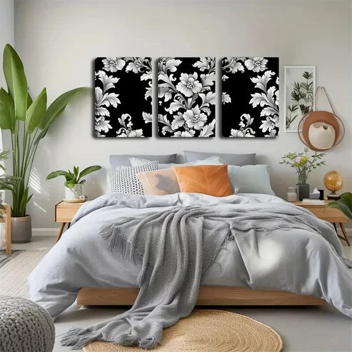 3pcs Black & White Flower Design Wall Art Canvas Unframed - High Quality Print 100% Australian Made Wall Canvas