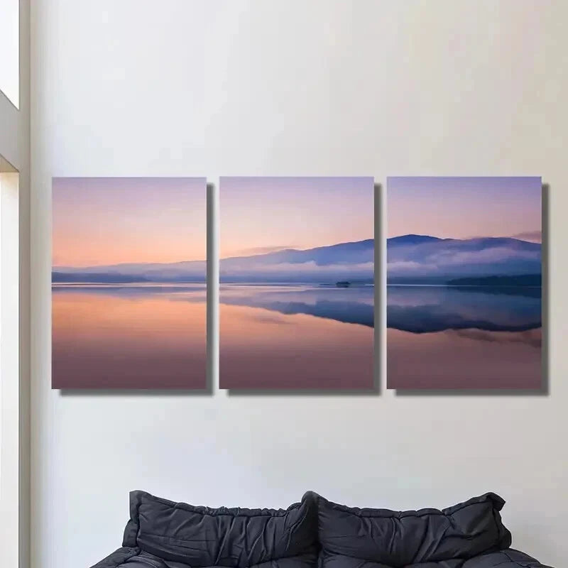 3pcs Foggy Mountains Lake Reflection in Sunrise Wall Art Set Canvas Framed 40x60cm - High Quality Print 100% Australian Made Wall Canvas Ready to Hang