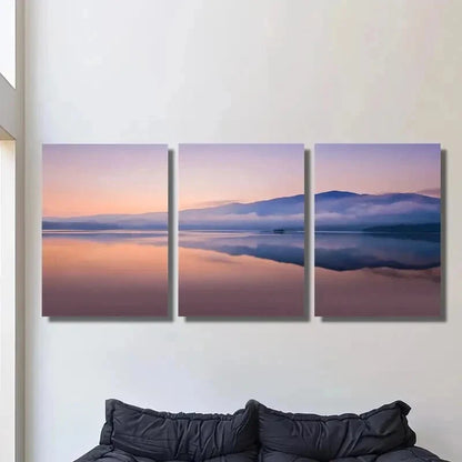 3pcs Foggy Mountains Lake Reflection in Sunrise Wall Art Set Canvas Framed 40x60cm - High Quality Print 100% Australian Made Wall Canvas Ready to Hang