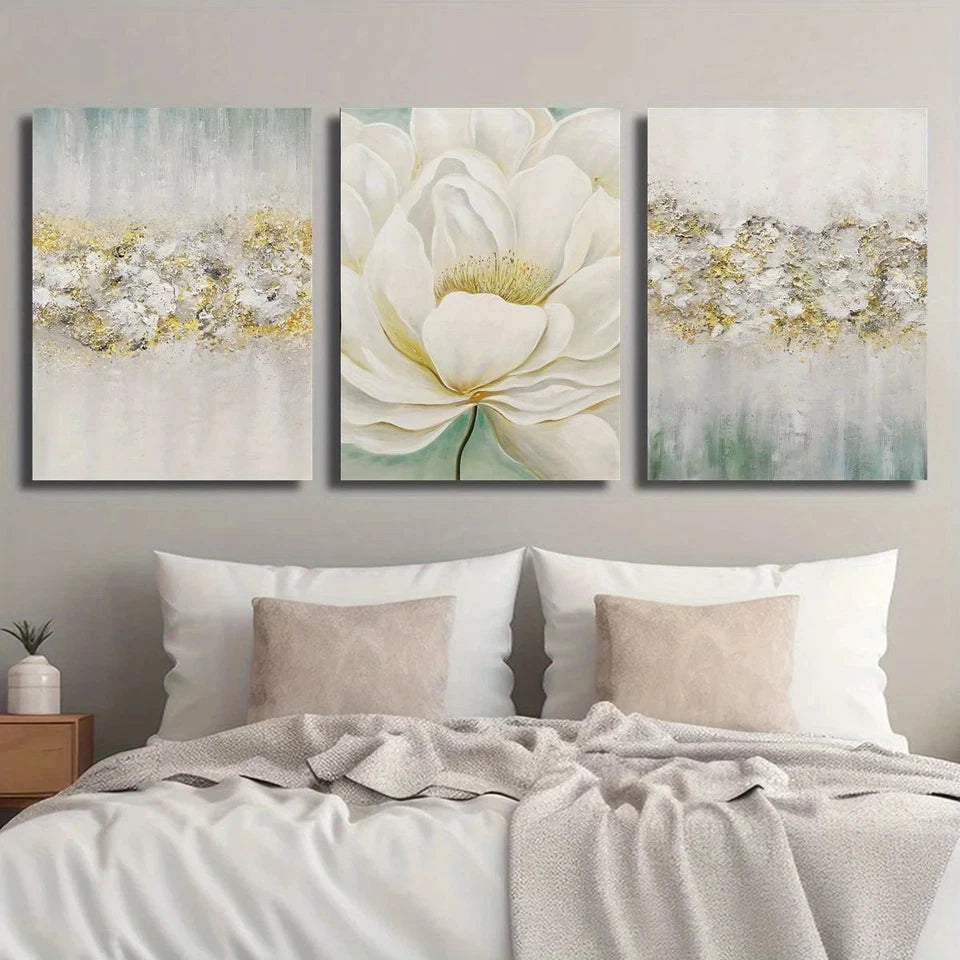 3pcs Golden Texture Beige & Green Abstract Metal Print Ready to Hang Art