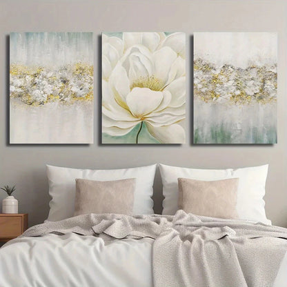 3pcs Golden Texture Beige & Green Abstract Metal Print Ready to Hang Art
