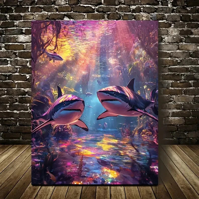 Vibrant Shark Forest Scene With Rainbow Painting  40x60cm Metal Print Ready to Hang