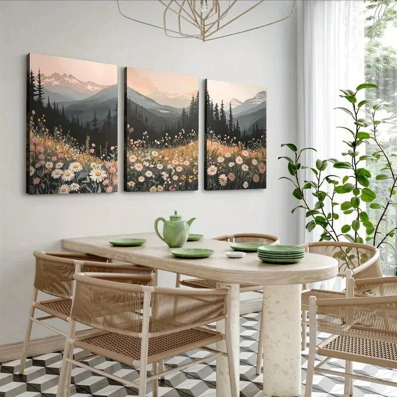3pcs Wildflower Mountain Sunset Décor Perfect Wall Art Set Canvas Framed 40x60cm - High Quality Print 100% Australian Made Wall Canvas Ready to Hang