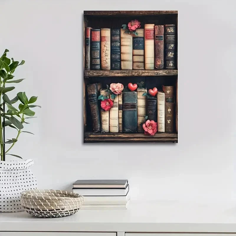 Featuring Vintage Book Shelf with Antique Painting 40x60cm Metal Print Ready to Hang