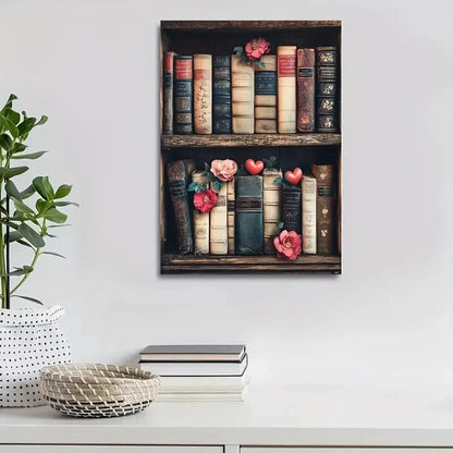 Featuring Vintage Book Shelf with Antique Painting 40x60cm Metal Print Ready to Hang