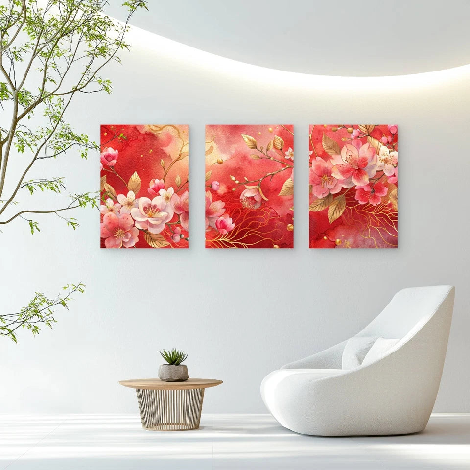 3pcs Golden Vines Among Soft Pink Blooms Wall Art Set Canvas Framed 60x90cm - High Quality Print 100% Australian Made Wall Canvas Ready to Hang