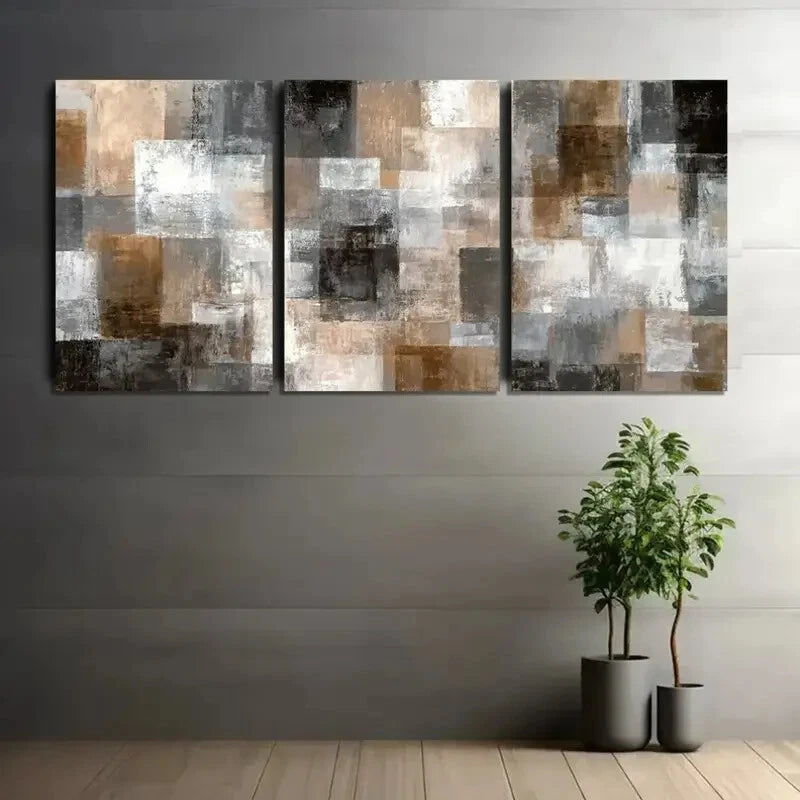 3pcs Abstract Light Brown White and Grey Squares Metal Print Ready to Hang Art