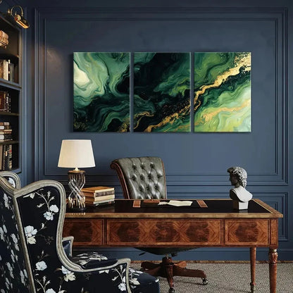 3pcs Abstract Green Golden Swirls Art Metal Print Ready to Hang Art