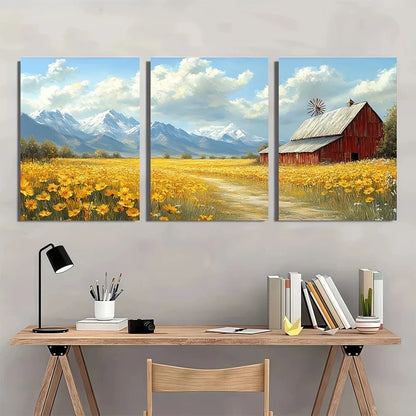 3pcs Rustic Barn Windmill Blue Sky White Clouds Metal Print Ready to Hang Art