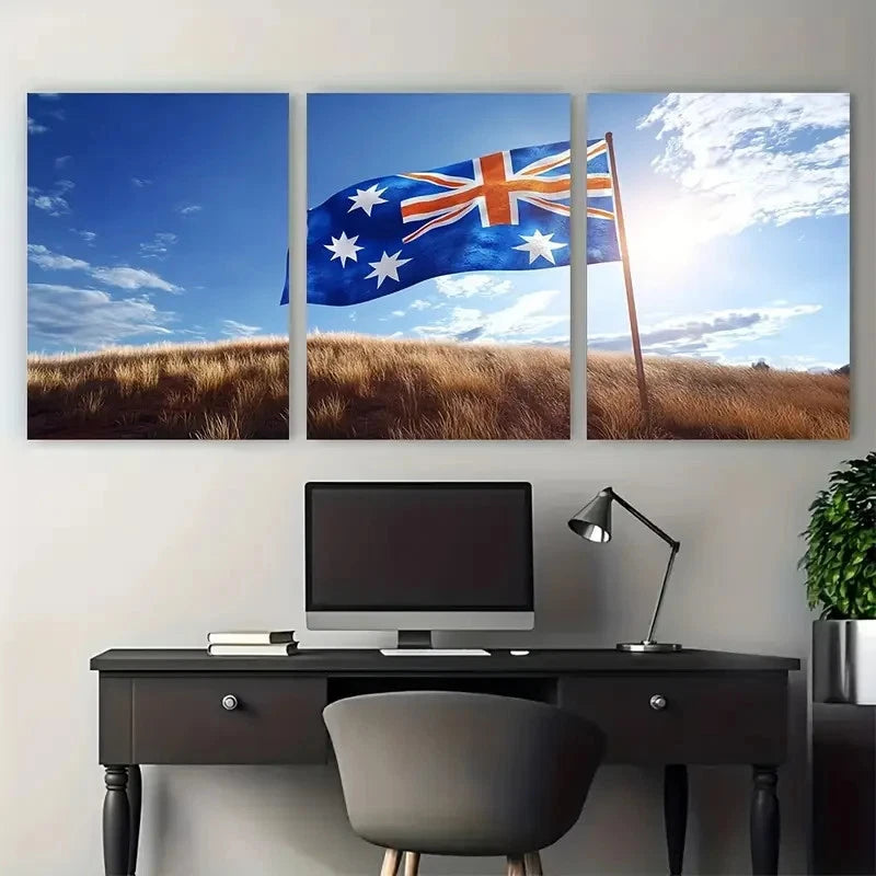 3pcs The Australian Flag Against The Sun Wall Art Set Canvas Framed 50x70cm - High Quality Print 100% Australian Made Wall Canvas Ready to Hang