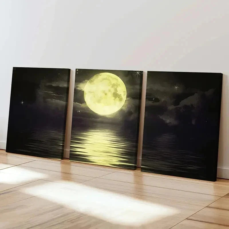 3pcs Full Moon Ocean Natural Landscape Wall Art Set Canvas Framed 40x60cm - High Quality Print 100% Australian Made Wall Canvas Ready to Hang