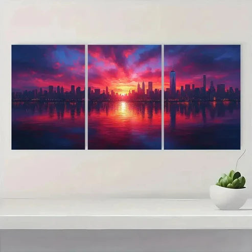 3pcs Urban Glow Sunset City Triptych CG  Wall Art Set Canvas Unframed - High Quality Print 100% Australian Made Wall Canvas
