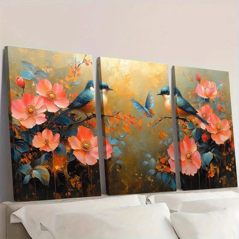 3pcs Beautiful Painting of Flowers And Birds Wall Art Set Canvas Framed 50x70cm - High Quality Print 100% Australian Made Wall Canvas Ready to Hang