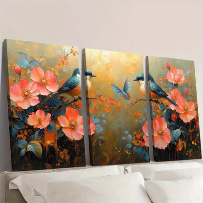 3pcs Beautiful Painting of Flowers And Birds Wall Art Set Canvas Framed 50x70cm - High Quality Print 100% Australian Made Wall Canvas Ready to Hang