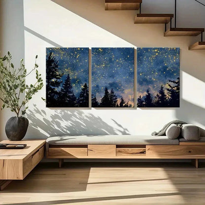 3pcs Forest Night Sky Starry Landscape Pine Trees Metal Print Ready to Hang Art