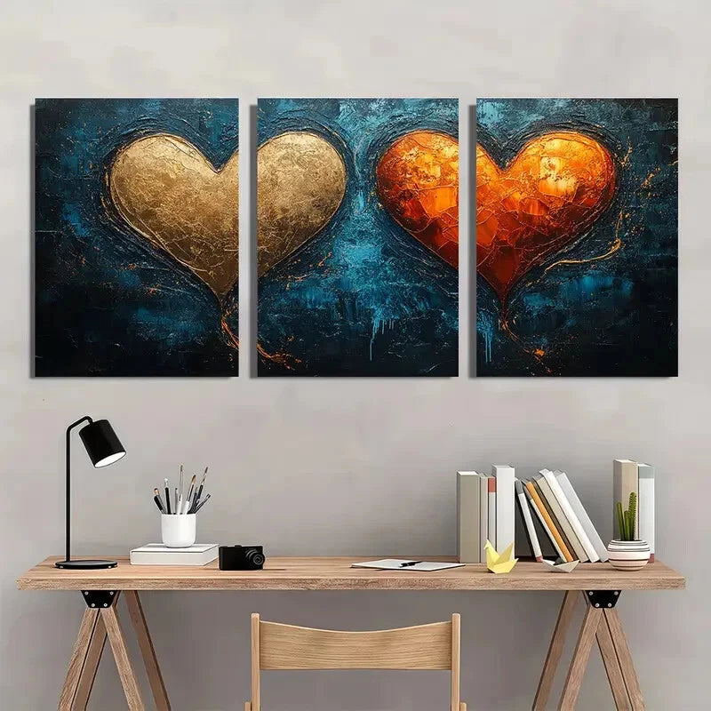 3pcs Two Heart Shaped Colourful Gold Red Metal Print Ready to Hang Art