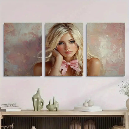 3pcs Blonde Girl Coquette Pink Bow Perfect Wall Art Set Canvas Framed 40x60cm - High Quality Print 100% Australian Made Wall Canvas Ready to Hang