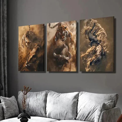 3pcs Cheetah Tiger Crocodile Hunting & Eating Wall Art Set Canvas Unframed - High Quality Print 100% Australian Made Wall Canvas