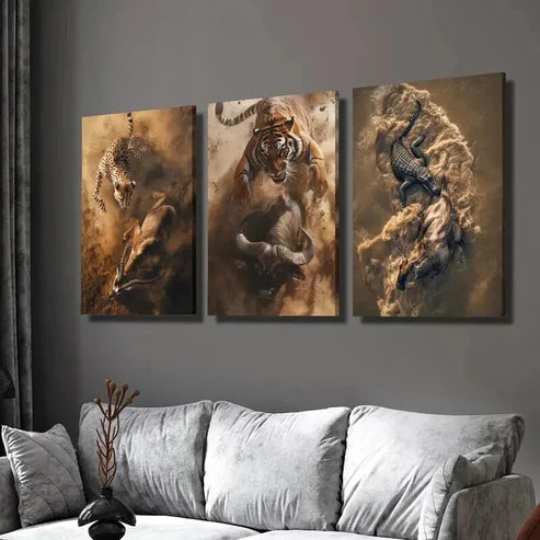 3pcs Cheetah Tiger Crocodile Hunting & Eating Wall Art Set Canvas Unframed - High Quality Print 100% Australian Made Wall Canvas
