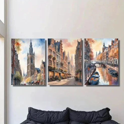 3pcs Autumn Streets of Amsterdam Landscape Wall Art Set Canvas Unframed - High Quality Print 100% Australian Made Wall Canvas