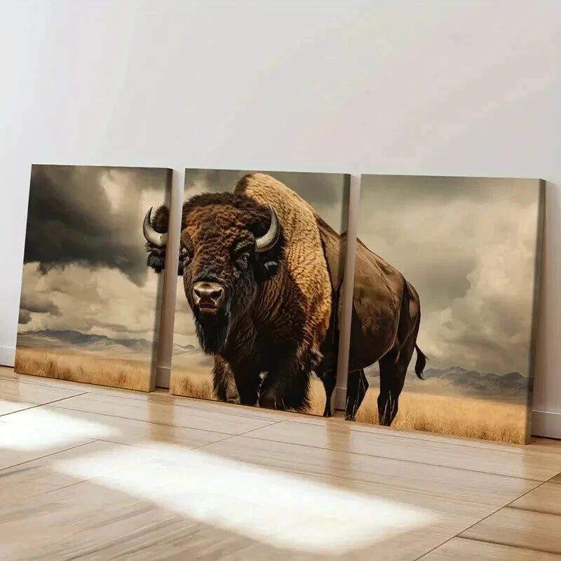 3pcs Majestic Wildlife Bison Prairie Wall Art Set Canvas Framed 40x60cm - High Quality Print 100% Australian Made Wall Canvas Ready to Hang