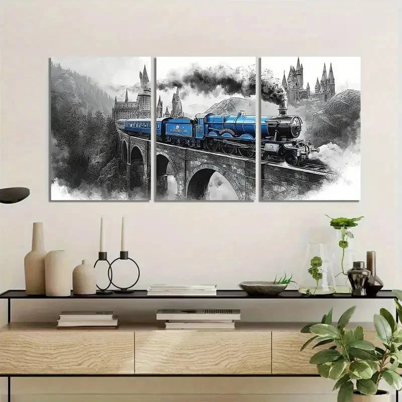 3pcs Black and White Smoke Train Scene Metal Print Ready to Hang Art